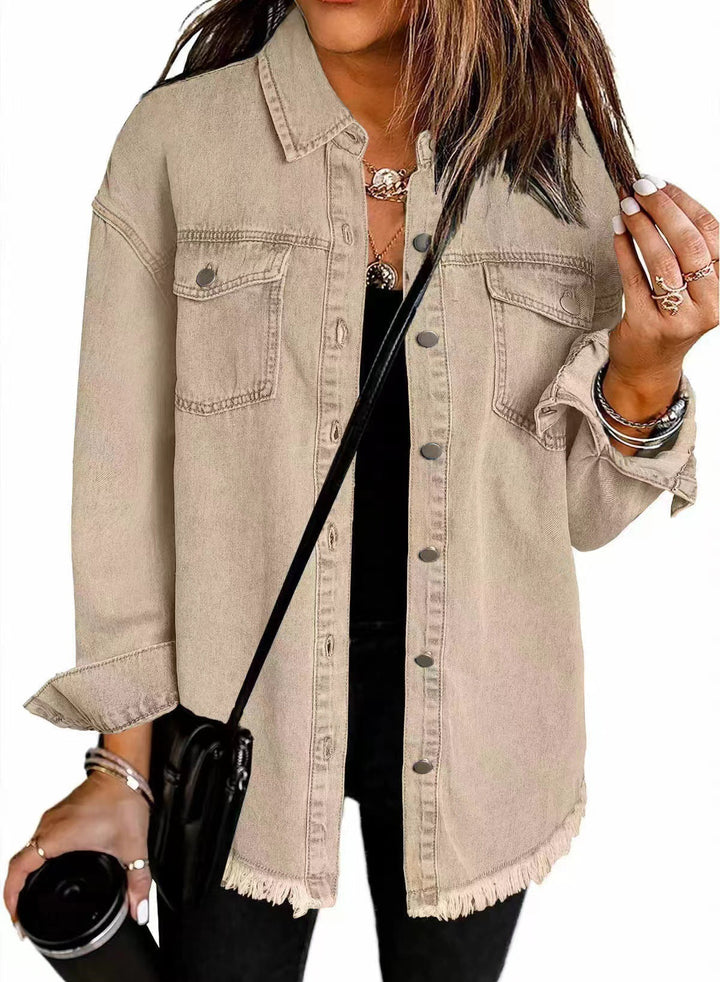 Dam oversize denim skjortjacka med Fringes och bröstfickor