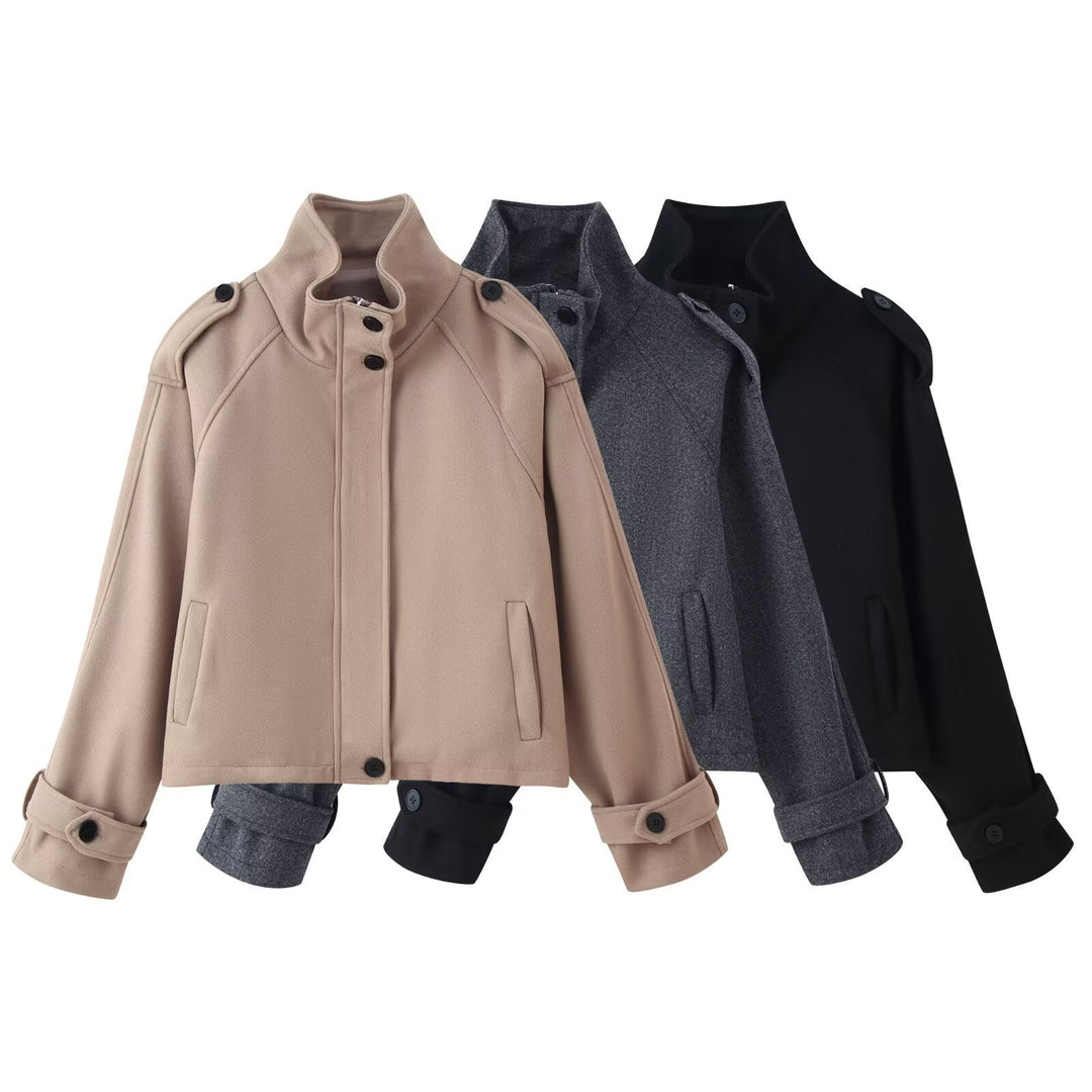 Dam 90+ Kort Ull Blend Blouson med Funnel Krage och Tailoring Details