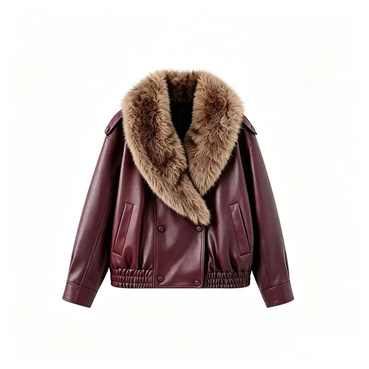 Dam Kort Jacka Tillverkad av Läderlook med Stora Faux Fur Krage