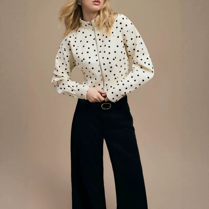Dam Polka Dot kort jacka med Stand krage och dragkedja
