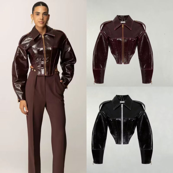 Dam kort jacka in corset stil gjord läderlook med emphasized shoulders