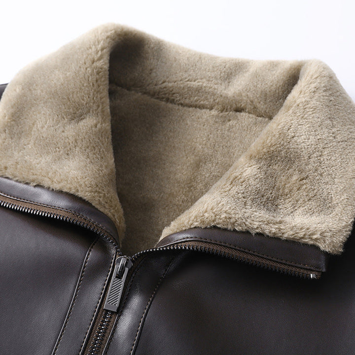 Herr Läder Jacka med Varm Lambskin Foder och Ståkrage