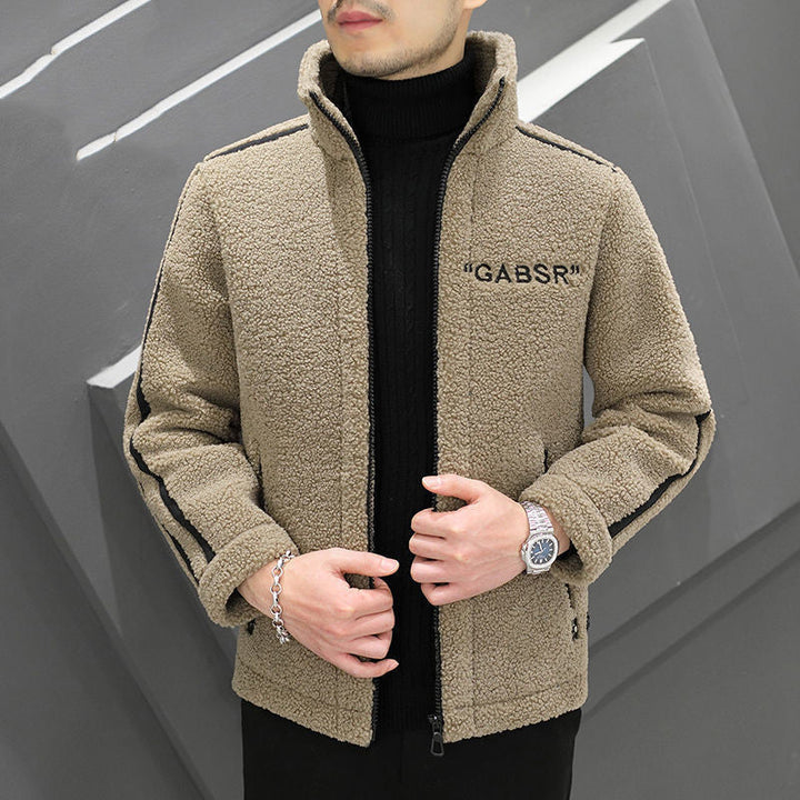 Herr Teddy Fleece Blouson med Ståkrage, Dragkedja och Kontrast Ränder