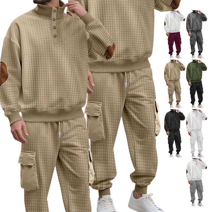 Herr Check Relief Sweat Set med Ståkrage Knapplist, Velour Elbow Lappar och Cargo Jogger