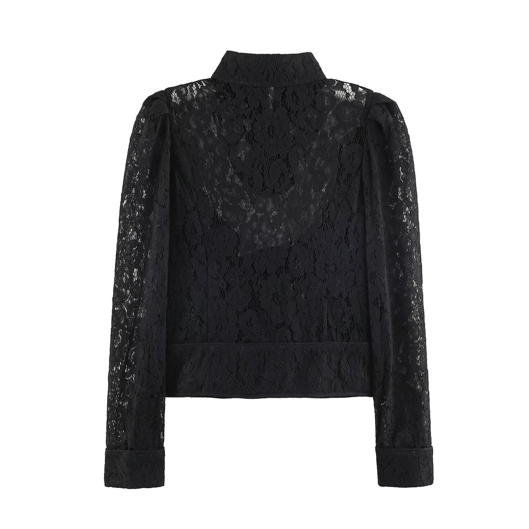 Dam Lace Jacka i Blouse Stil med Stå Krage och Puff Ärmar