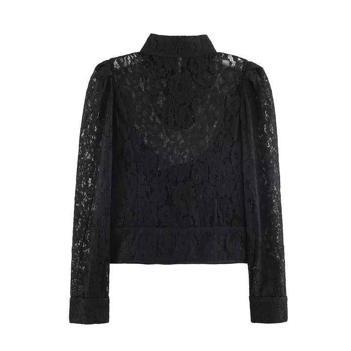 Dam Lace Jacka i Blouse Stil med Stå Krage och Puff Ärmar