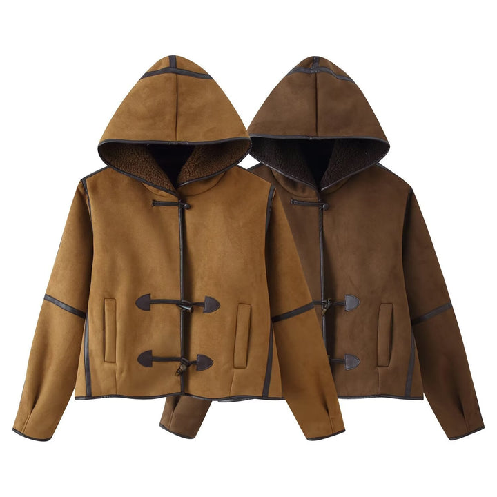 Dam Kort med Huva Sheepskin Imitation Duffle Jacka med Toggle Fastenings