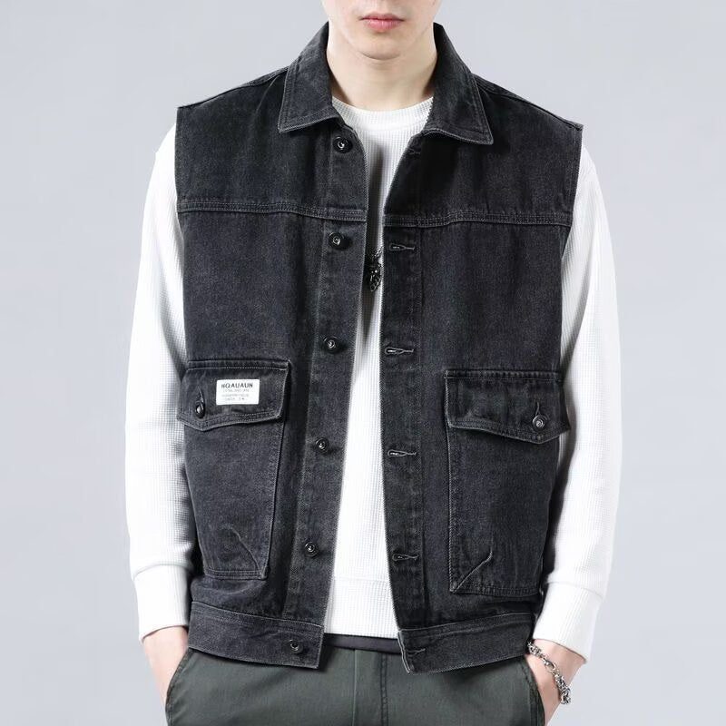 Herr Sleeveless Jeans Work Väst med Lock Fickor och Boxy Passform