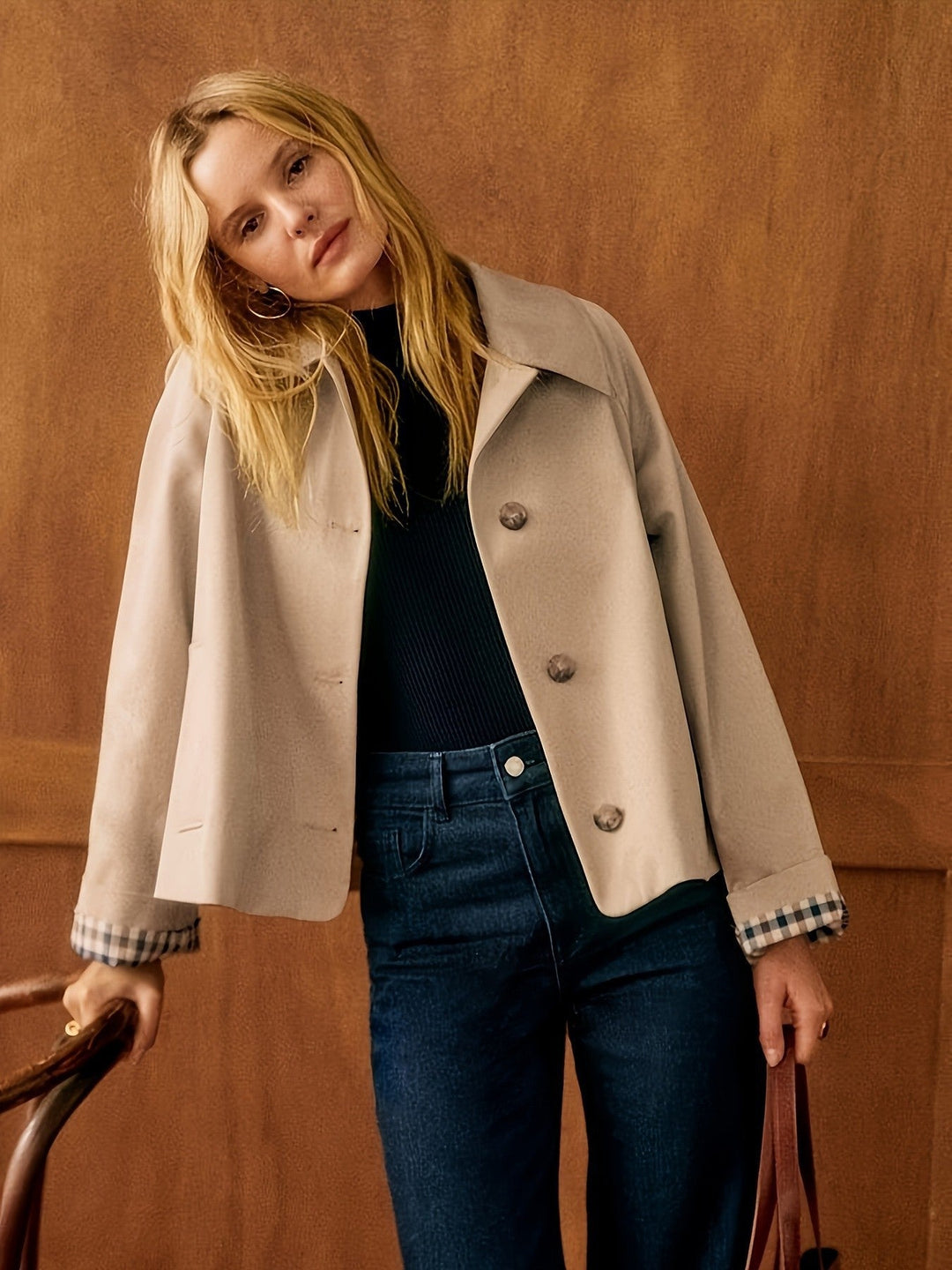 Dam Boxy kort kappa med oversize Lapels och rutig muddar