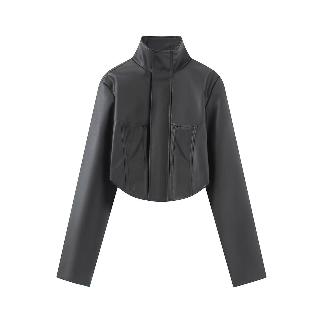 Dam Kort Jacka i Läderlook med Corset Seam och Stå Krage