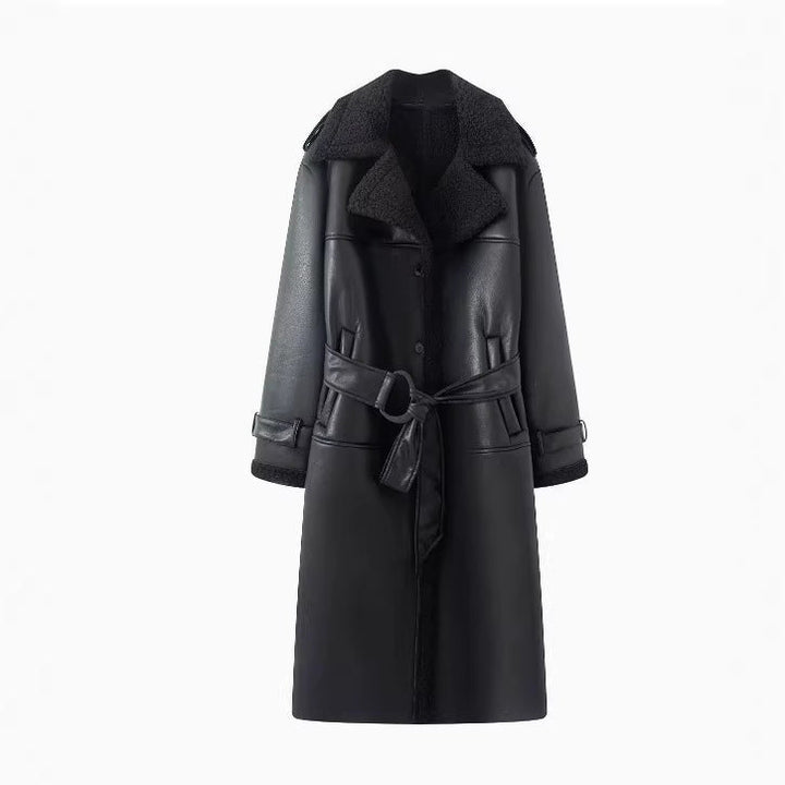 Dam 600+ Kort Jacka i Aviator Stil med Faux Fur Foder och Tie Belt