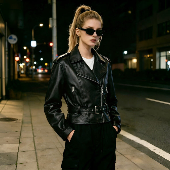 Dam kort jacka in biker stil gjord mjuk konstläder med asymmetrisk dragkedja och midjebälte