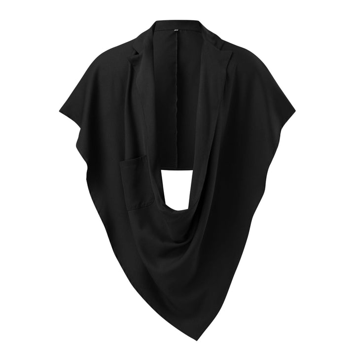 Dam Cape blazer med sjalkrage, öppen front, patch pocket, och pointed fåll