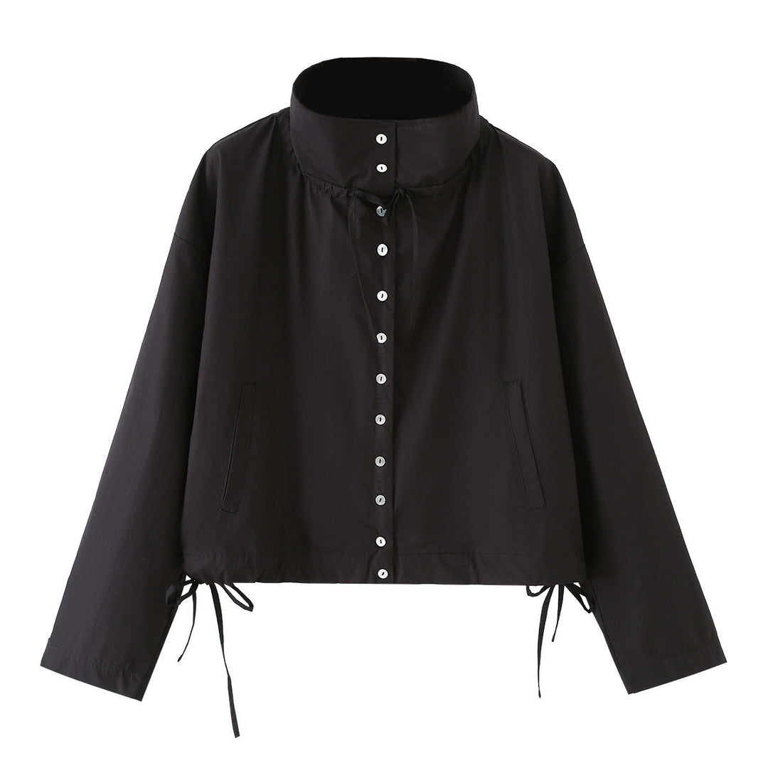 Dam Kort Skärning Blouson Jacka med Hög Stå Krage, Knapp Knäppning och Drawstring