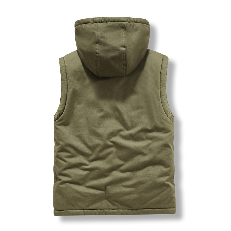 Herr Sleeveless Canvas Väst med Teddy Fleecefoder, Huva, och Tvåvägsdragkedja