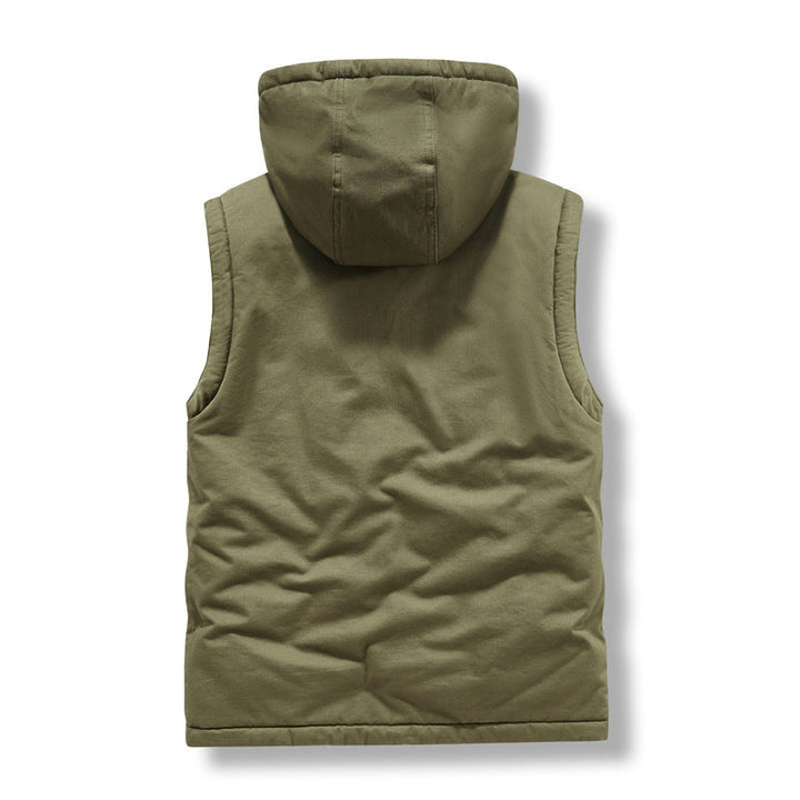 Herr Sleeveless Canvas Väst med Teddy Fleecefoder, Huva, och Tvåvägsdragkedja