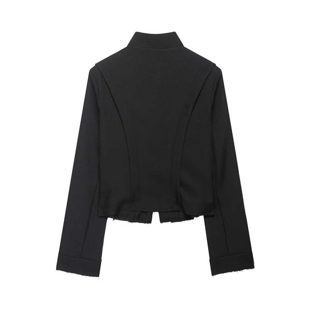 Dam Kort Military Blazer med Stå Krage, Dekorativ Loops och Fringed Nederkant