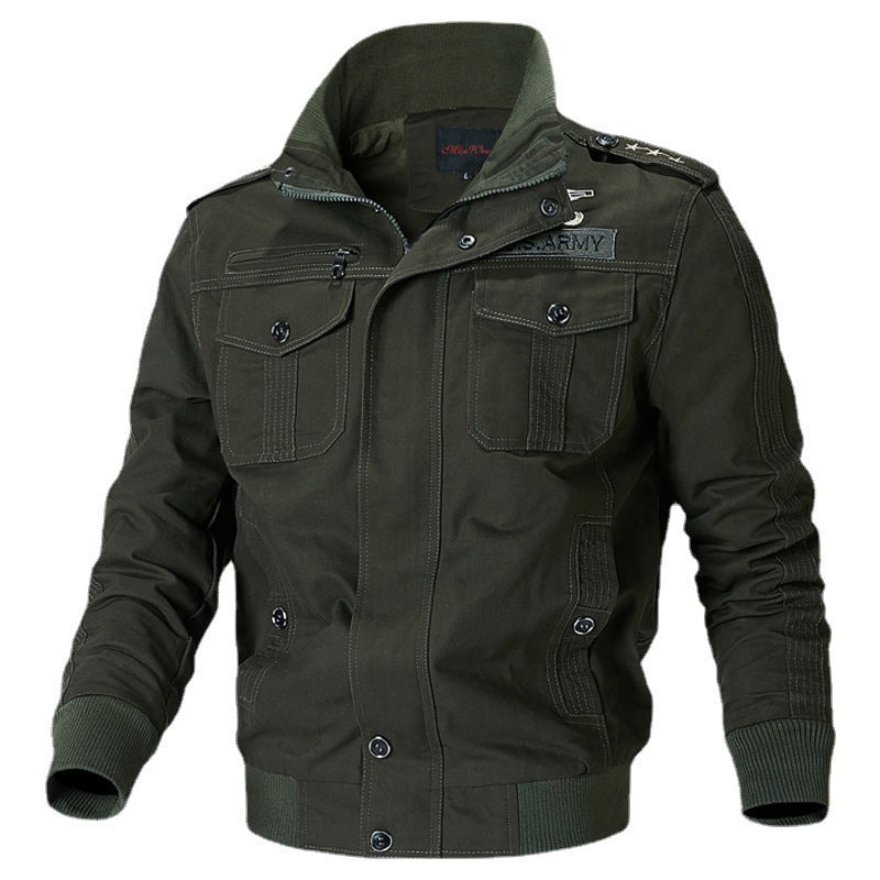 Herr Canvas Pilot Jacka med Axel Piping, Dragkedja Knapplist och Utility Lock Fickor