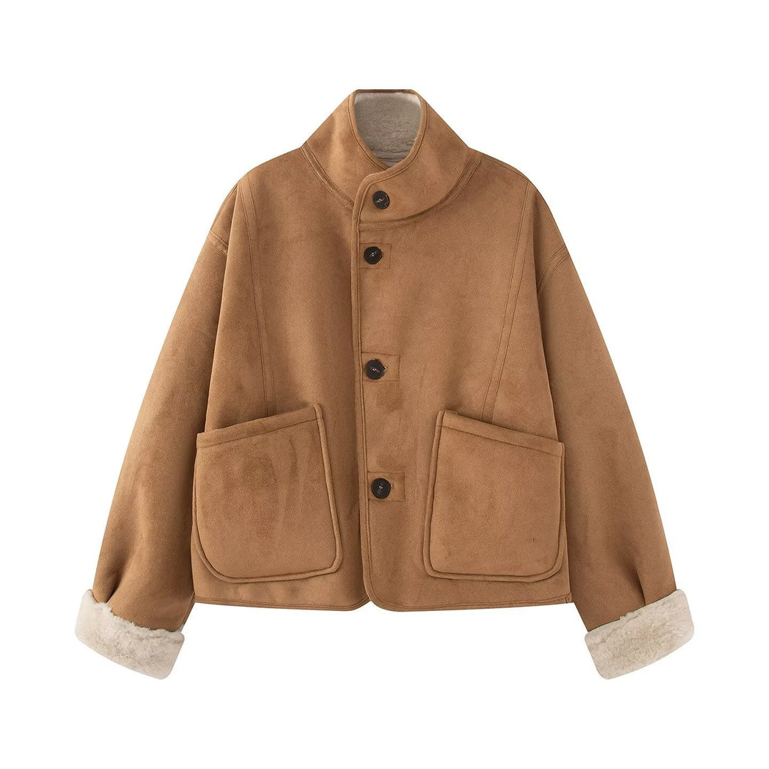 Dam Kort Sheepskin Look Jacka med Ståkrage och Stor Utanpåfickor