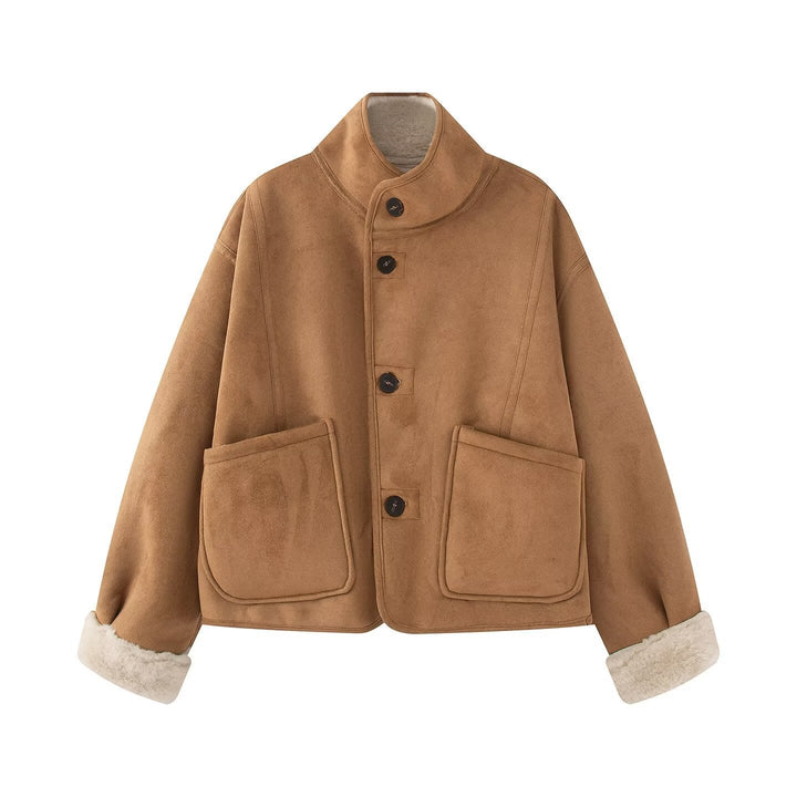Dam Kort Sheepskin Look Jacka med Ståkrage och Stor Utanpåfickor