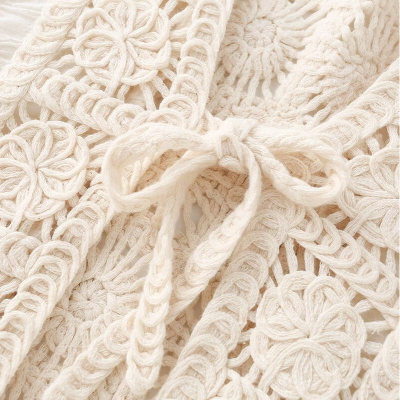 Dam Boho Crochet Lace Jacka med V-Neck och Tie