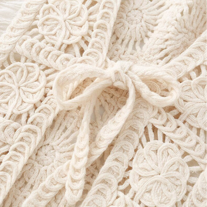 Dam Boho Crochet Lace Jacka med V-Neck och Tie