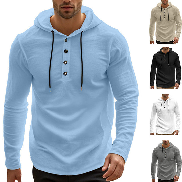 Herr Ledig Luvtröja i Henley Stil med Knapplist och Adjustable Dragsko
