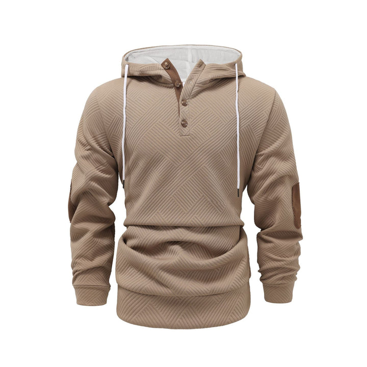 Herr Strukturerad Luvtröja i Henley Stil med Contrast Kant och Elbow Lappar
