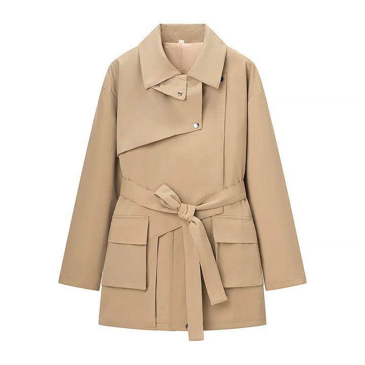 Dam figursydd trench parka med tie bälte, asymmetrical flap och stor påsydda fickor