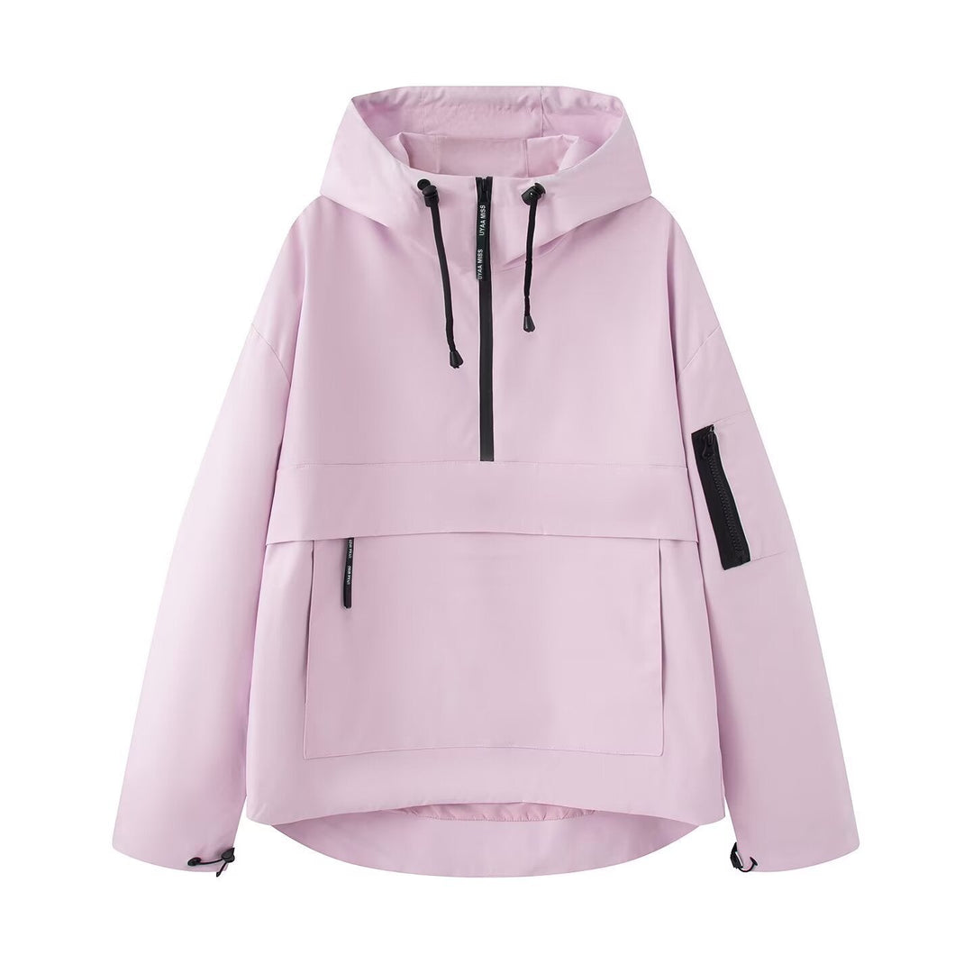 Dam Oversized Vindjacka-Anorak med Huva, Halv Dragkedja och Känguruficka