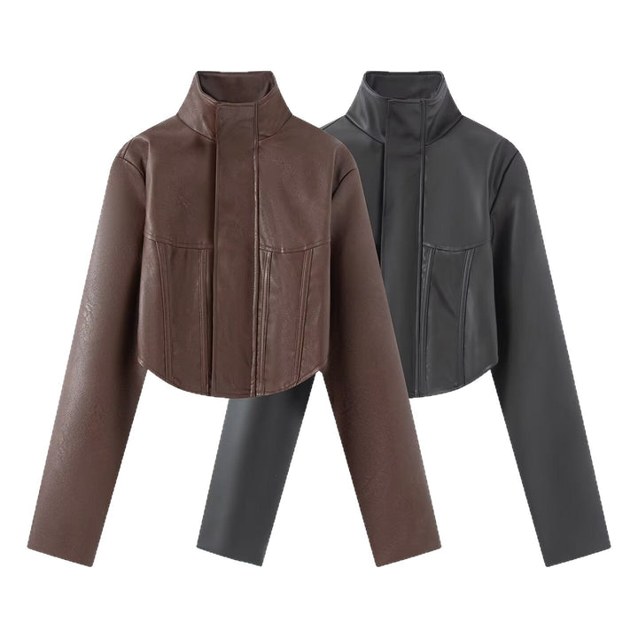 Dam Kort Tailored Läder-Look Jacka med Stå Krage och Feminine Chest Padding