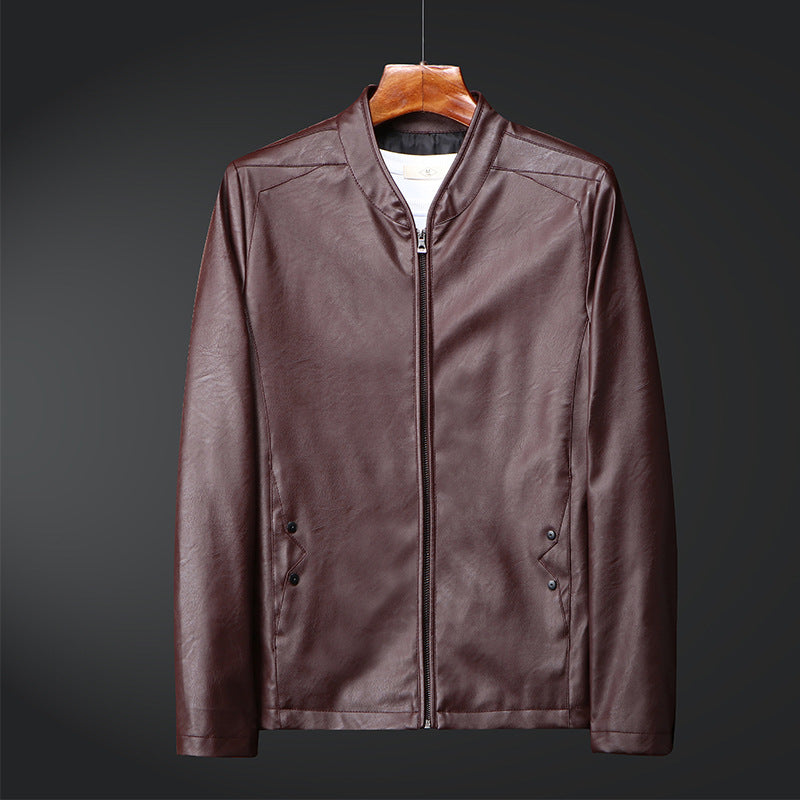 Herr Smal Synthetic Läder Blouson med Standing Krage och Tvåvägsdragkedja