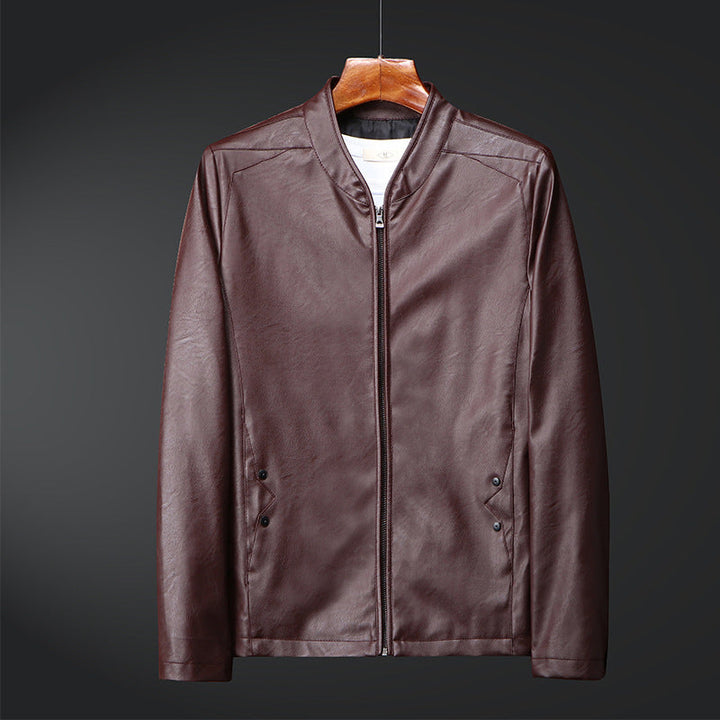Herr Smal Synthetic Läder Blouson med Standing Krage och Tvåvägsdragkedja