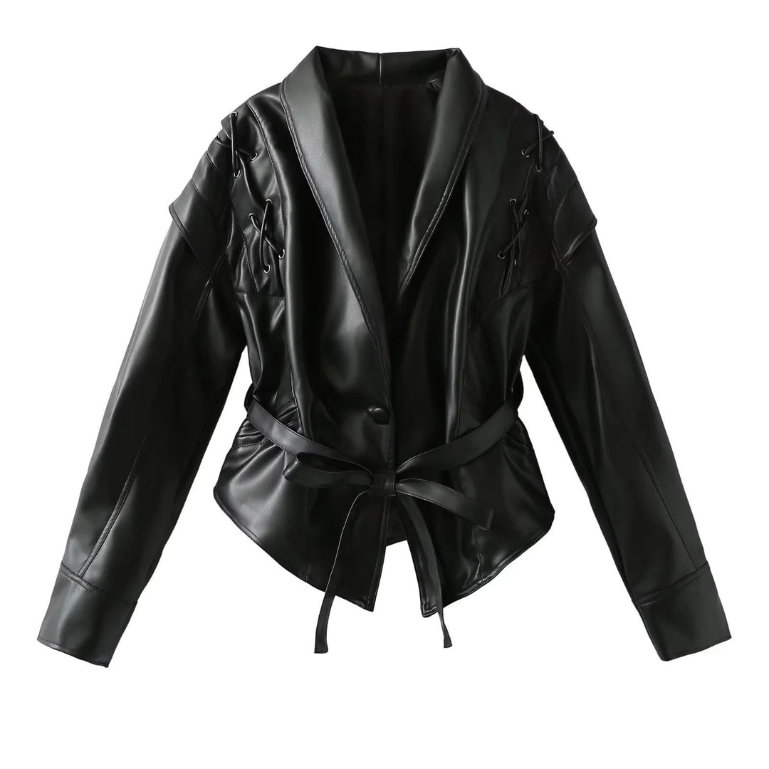 Dam kort jacka gjord mocka look med wrap bälte, shawl krage och lacing detail