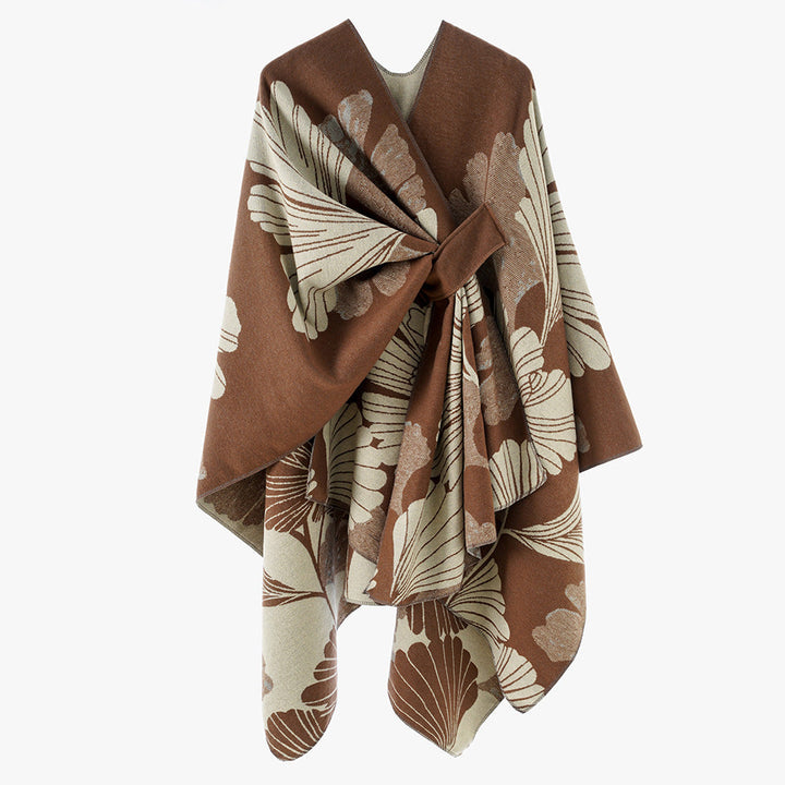 Dam Oversized Jacquard Cape Gjord av Ullblandning med Blommig Jacquard och Fram Loop