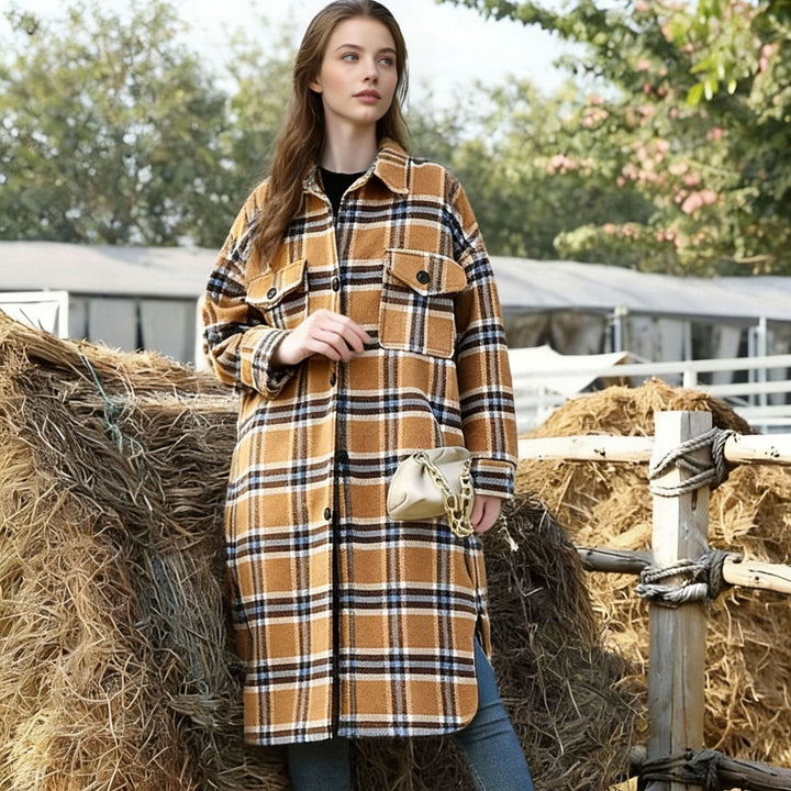 Dam Oversized Check Skjorta Jacka i Lång Modell Skärning med Lapp Bröst Fickor