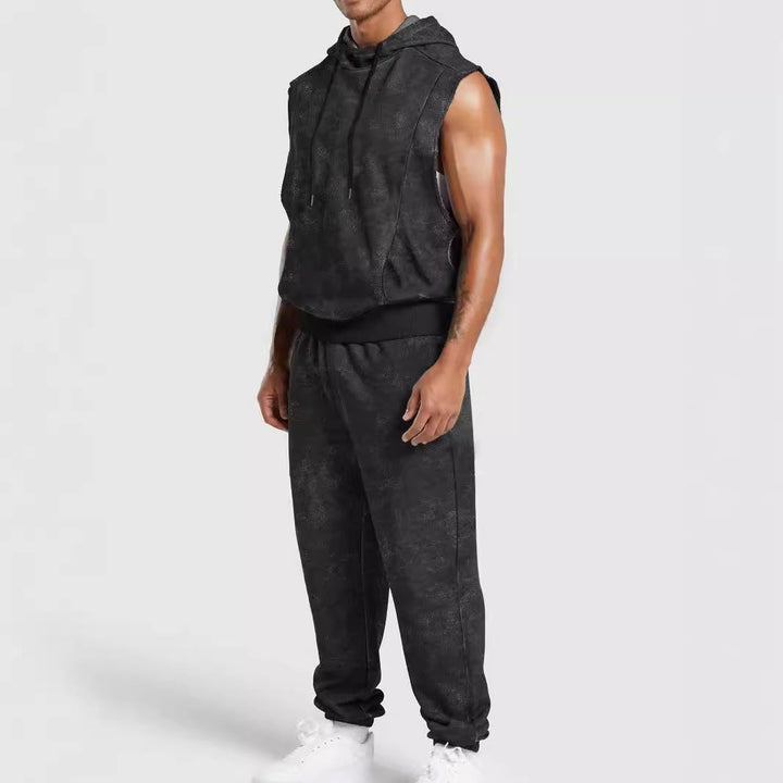 Herr Sleeveless med Huva Sweat Set i Velour Look med Elastic Joggingbyxor och Ribbstickade Muddar