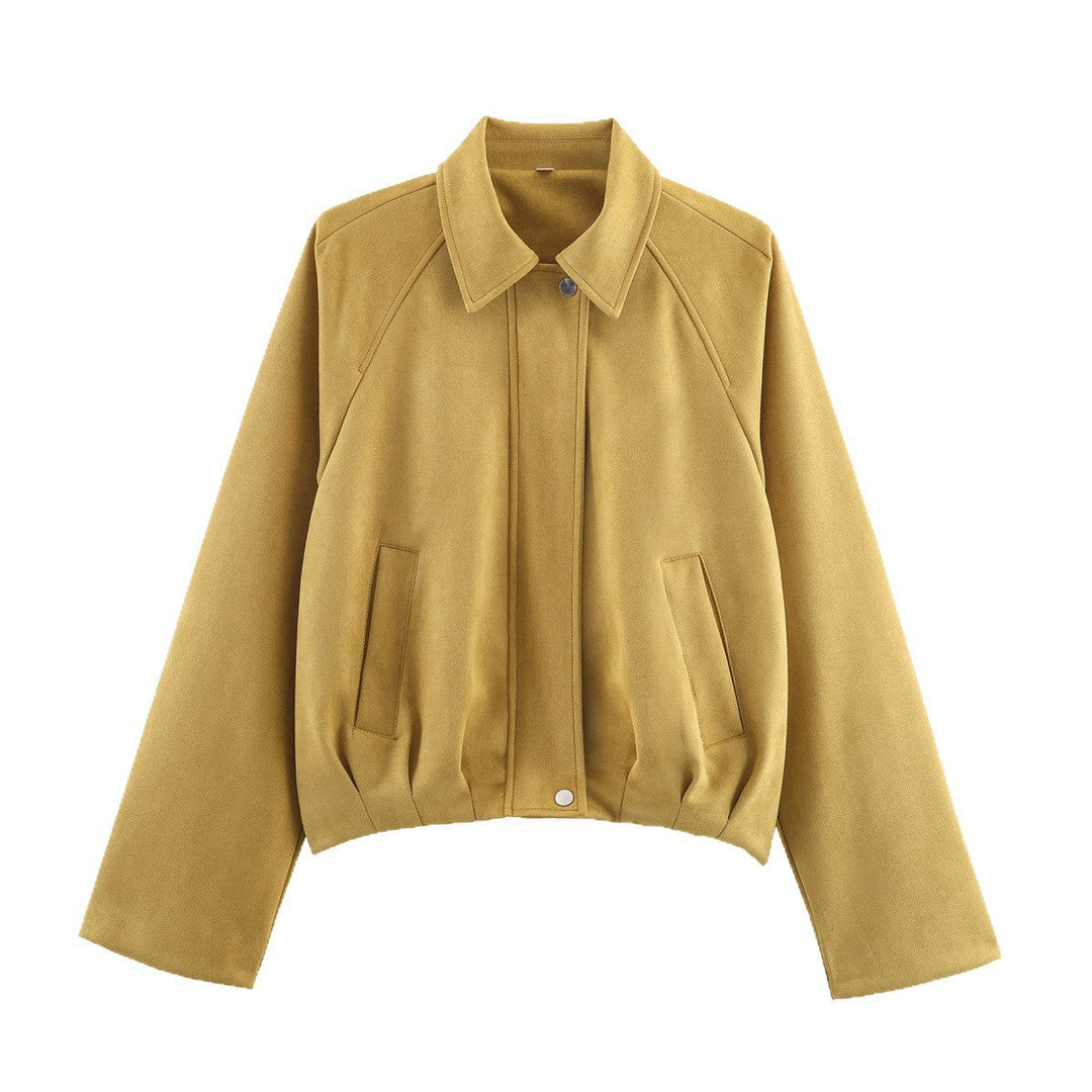 Dam Kort Boxig Jacka i Suede Look med Skjort Krage
