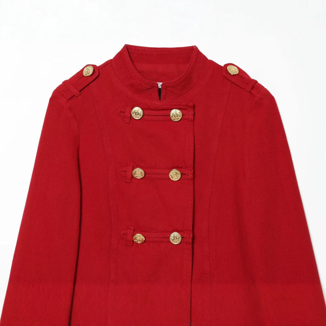 Dam Kort Military Blazer Jacka med Stå Krage och Golden Dekorativ Knappar