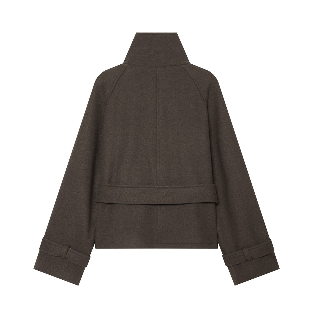 Dam Kort Double-Breasted Ull Blend Cape Jacka med Hög Stå Krage och Waist Belt