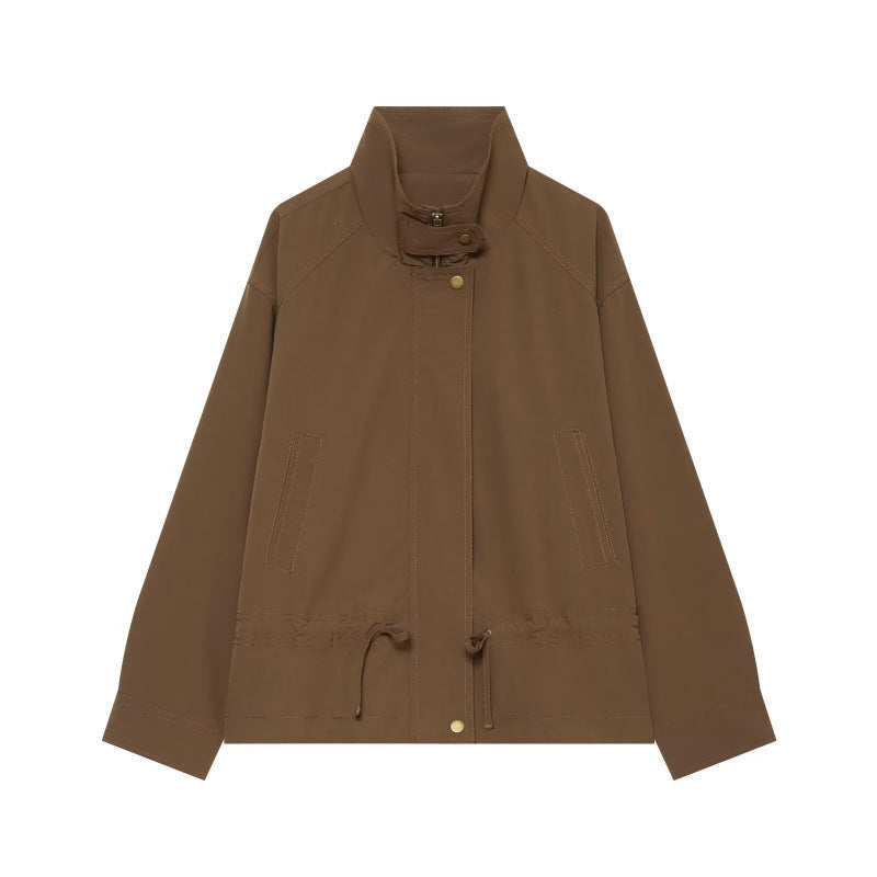 Dam Lätt Fältjacka med Stå Krage, Drawstring Waist och Dold Tryckknapp Knäppning
