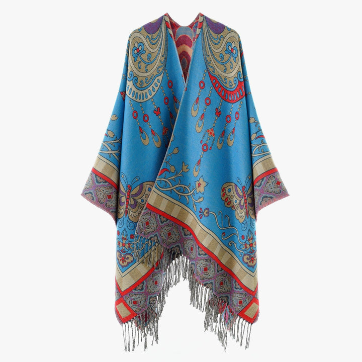 Dam Woven kimono poncho med Ornamental Jacquard, V-Neck och fransfåll