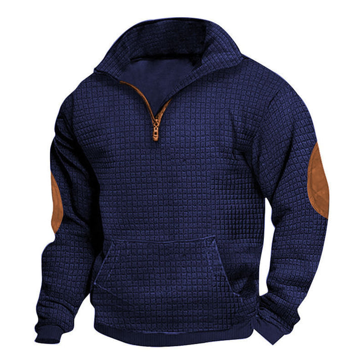 Herr Thermo-Regulating Waffle Stickad Halv Dragkedja Pullover med Känguruficka och Konstläder Elbow Lappar