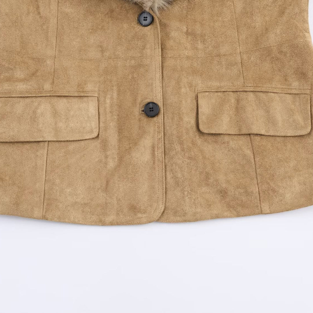 Dam Kort Jacka Gjord av Faux Mocka med Voluminous Konstpäls Krage och Fur Muddar