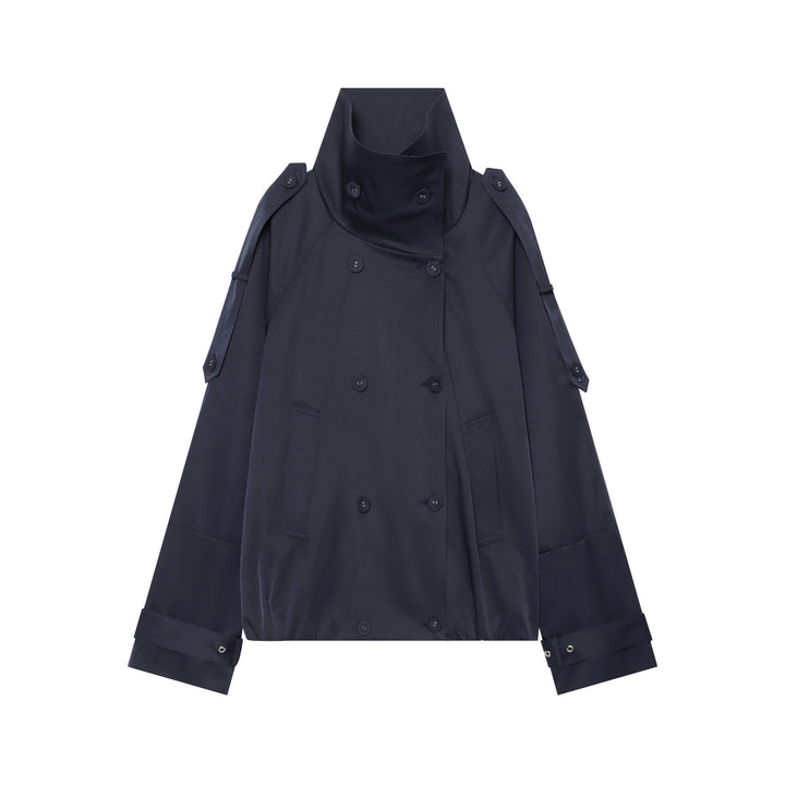 Dam double-breasted cape trenchcoat med high stand krage och adjustable ärm tabs