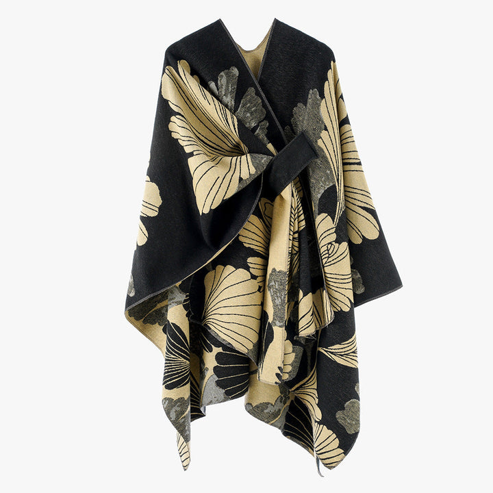 Dam Oversized Jacquard Cape Gjord av Ullblandning med Blommig Jacquard och Fram Loop