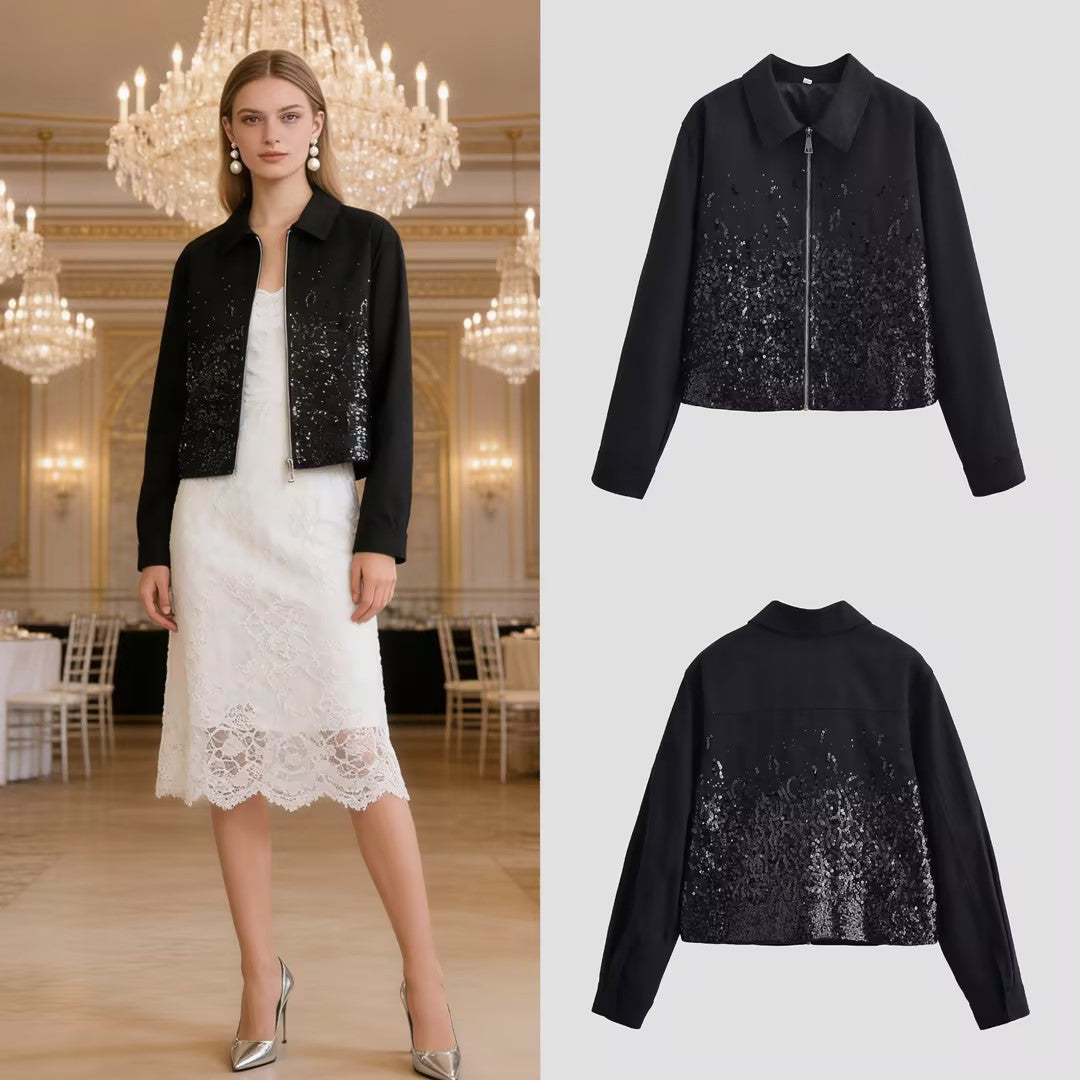 Dam Kort Jacka med Hel-Length Dragkedja och Gradient Sequin Kant