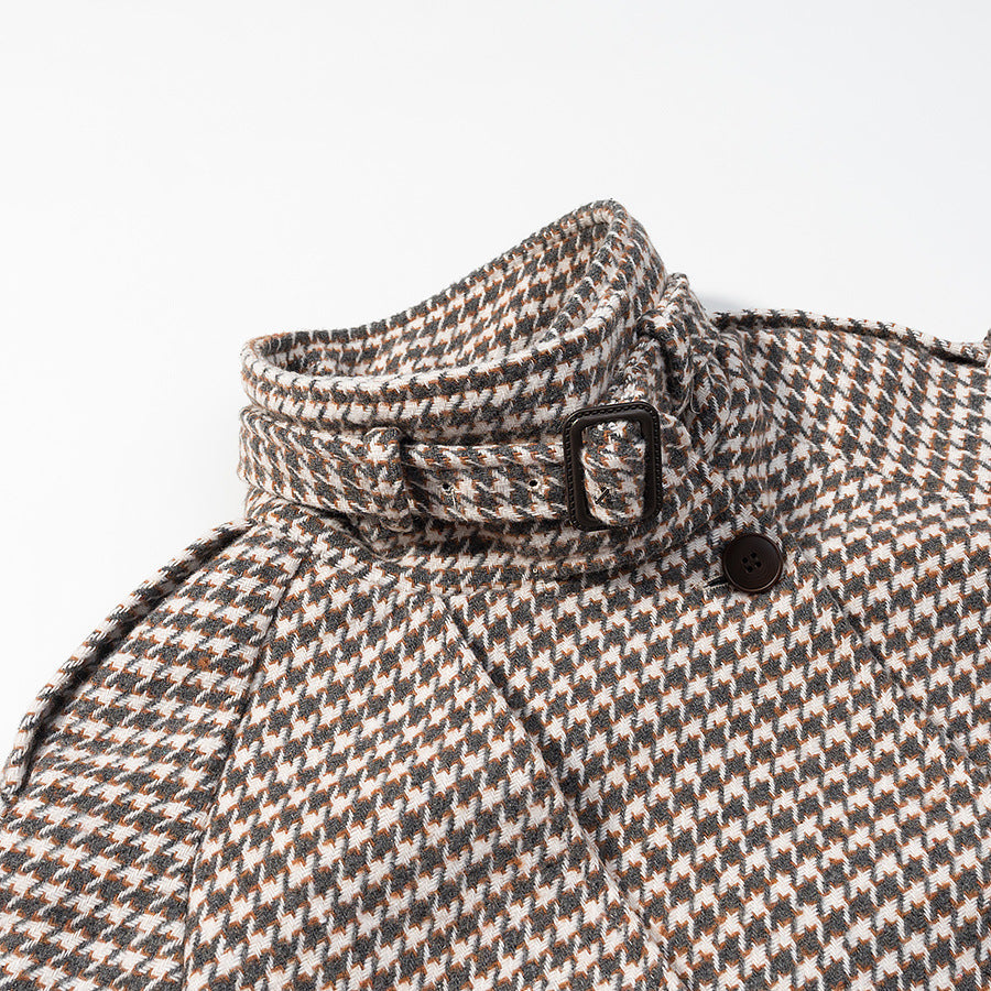 Dam Kort Jacka i Houndstooth med Ståkrage, Dubbel-Breasted och Midja Detaljer