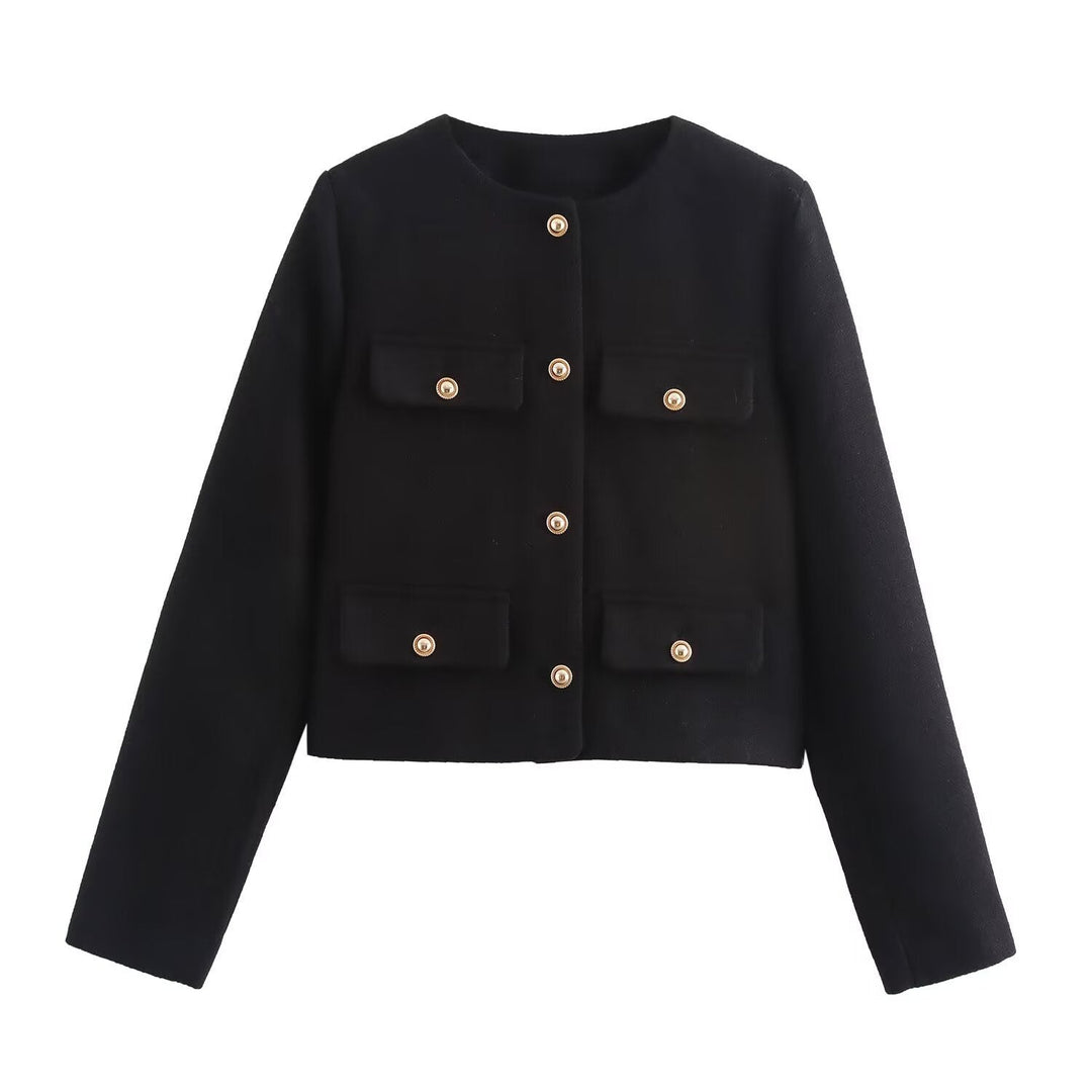 Dam kort Boucle blazer jacka med Round Neck, dekorativ ficka Flaps, och Gold-Colored knappar