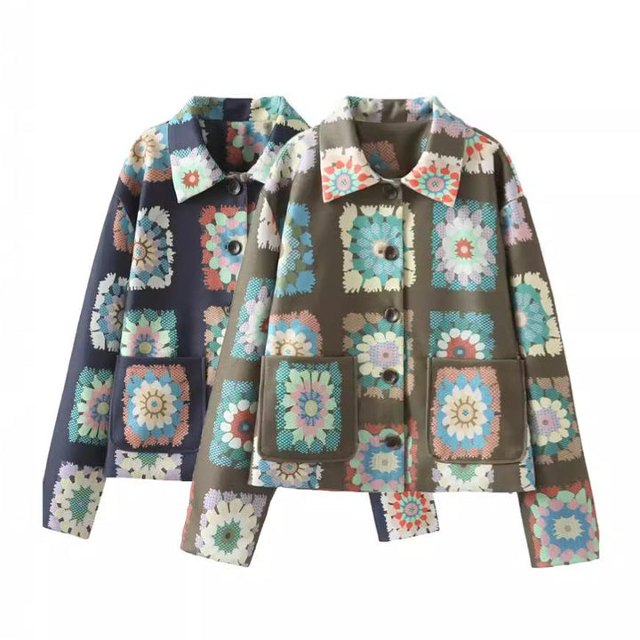 Dam Mönstrad kort boxy jacka med floral patchwork squares